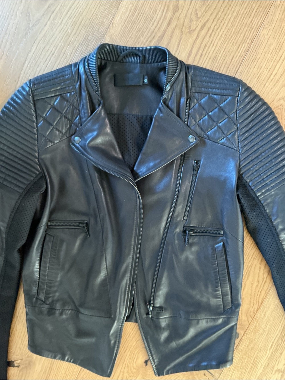 Black Quilted Panel Leather Biker Jacket